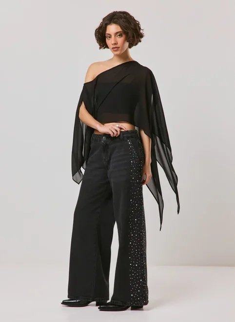calça jeans wide leg com strass calça jeans wide leg com strass