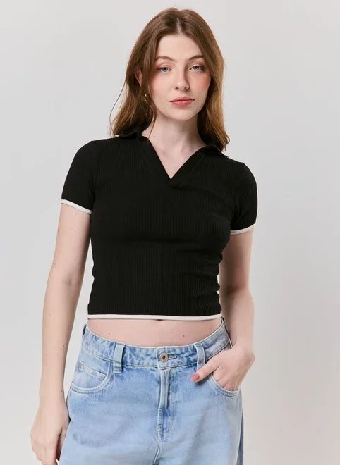 blusa canelada gola polo blusa canelada gola polo