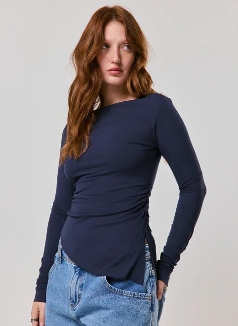 blusa manga longa franzido lateral blusa manga longa franzido lateral