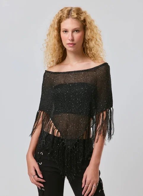 blusa capa paetê com franjas blusa capa paetê com franjas