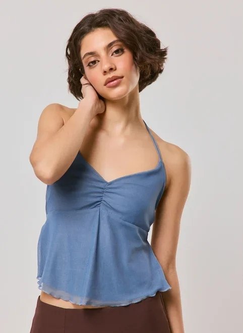 blusa frente única em tule azul blusa frente única em tule azul