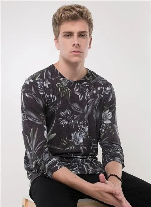 camiseta ml linho full floral noturno camiseta ml linho full floral noturno