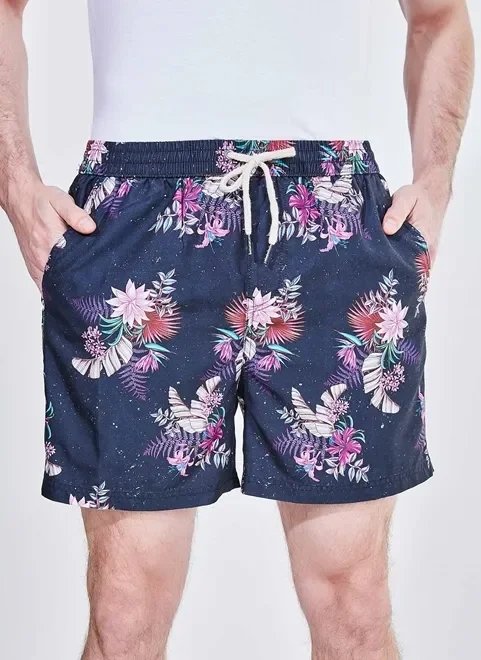 bermuda de banho azul marinho com estampa floral bermuda de banho azul marinho com estampa floral