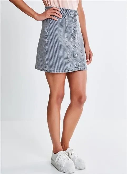 saia jeans listrada com botões saia jeans listrada com botões