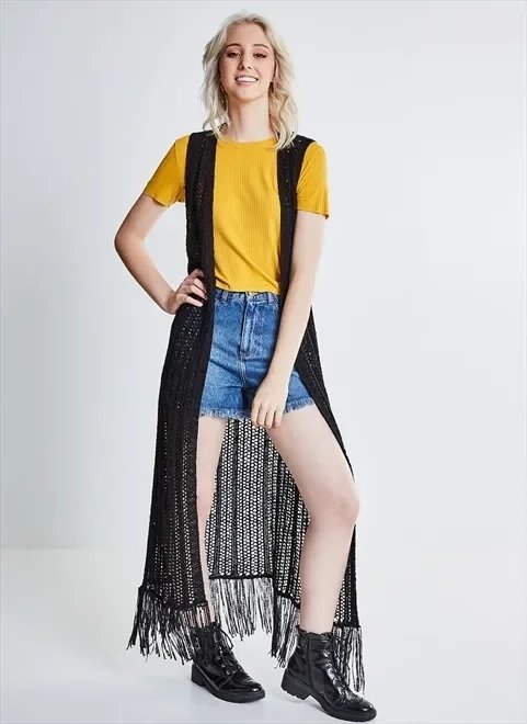 colete alongado ponto aberto com franjas colete alongado ponto aberto com franjas