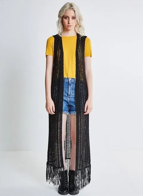 colete alongado ponto aberto com franjas colete alongado ponto aberto com franjas